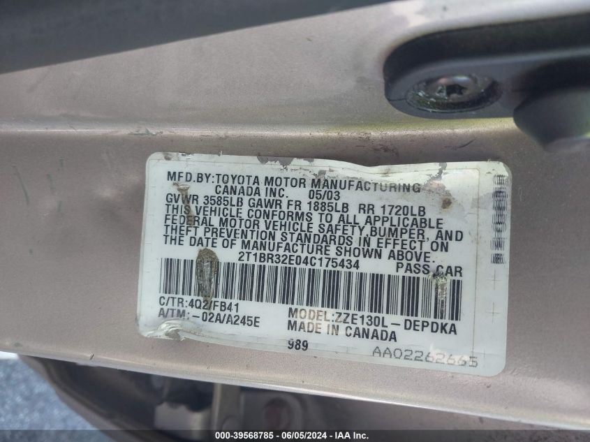 2004 Toyota Corolla Ce VIN: 2T1BR32E04C175434 Lot: 39568785