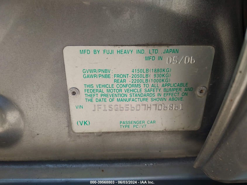 2007 Subaru Forester 2.5X VIN: JF1SG65607H706861 Lot: 39568803