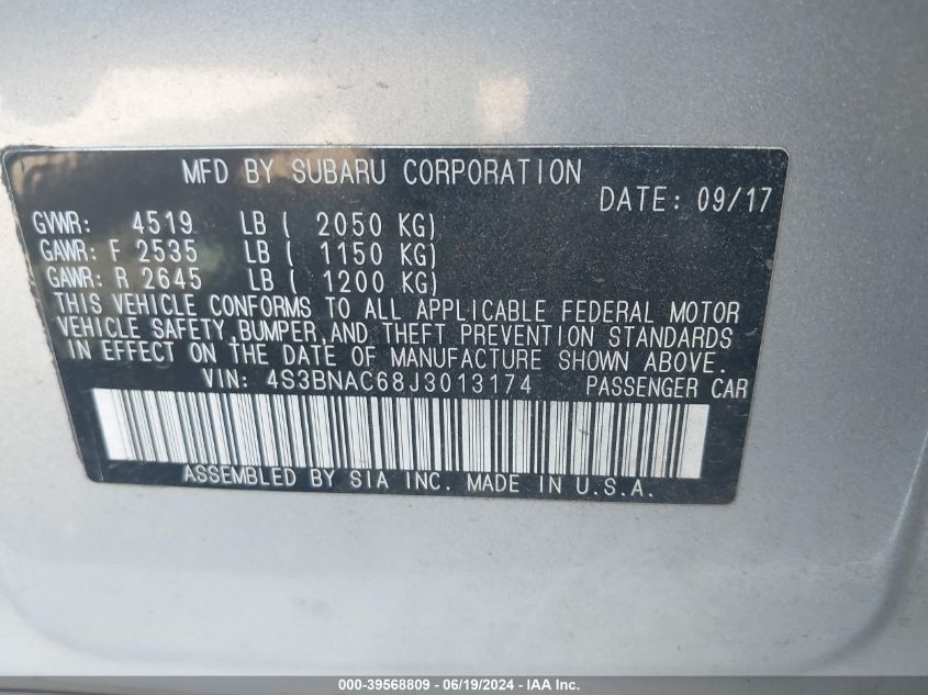 2018 Subaru Legacy 2.5I Premium VIN: 4S3BNAC68J3013174 Lot: 39568809