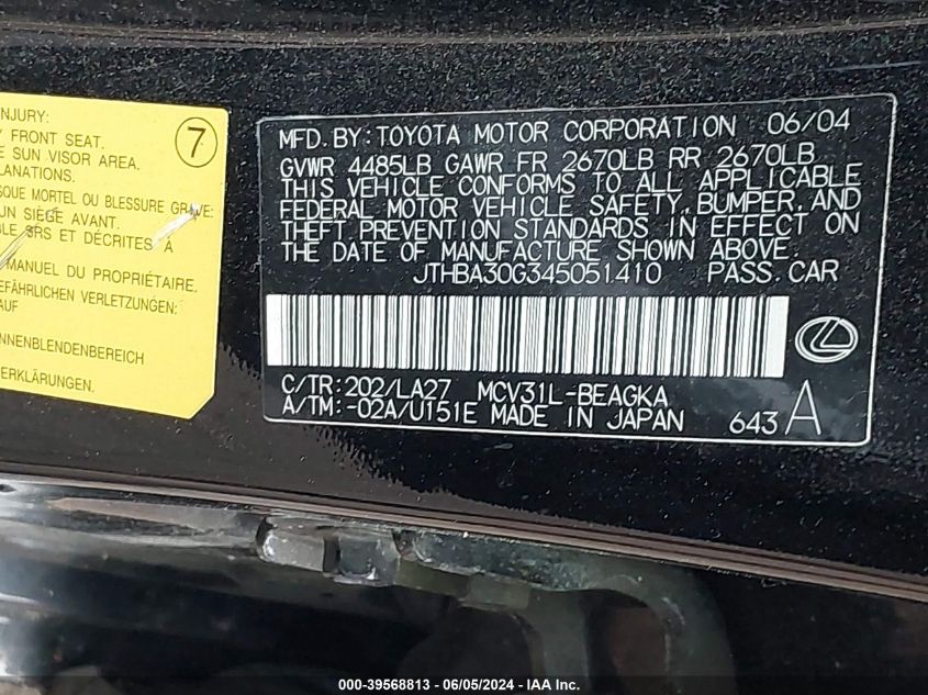 2004 Lexus Es 330 VIN: JTHBA30G345051410 Lot: 39568813