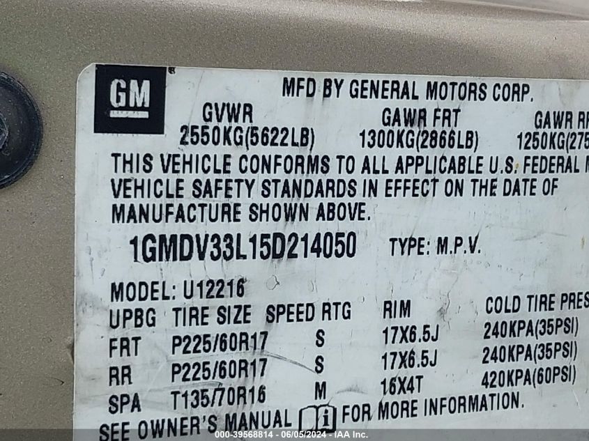 2005 Pontiac Montana Sv6 Fwd VIN: 1GMDV33L15D214050 Lot: 39568814