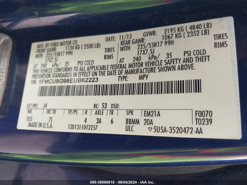 2014 Ford Escape Se VIN: 1FMCU9G98EUB62223 Lot: 39568815