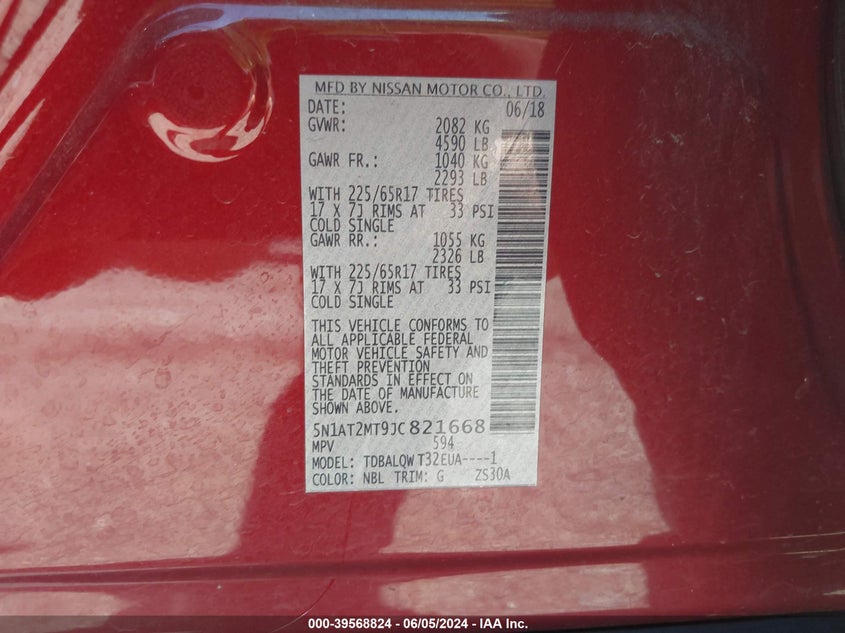 2018 Nissan Rogue Sv VIN: 5N1AT2MT9JC821668 Lot: 39568824