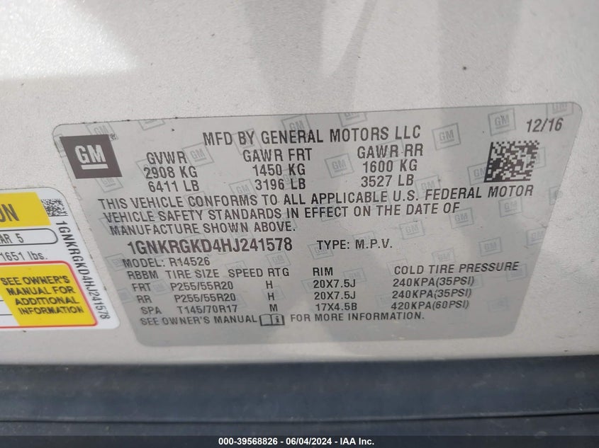 2017 Chevrolet Traverse 1Lt VIN: 1GNKRGKD4HJ241578 Lot: 39568826