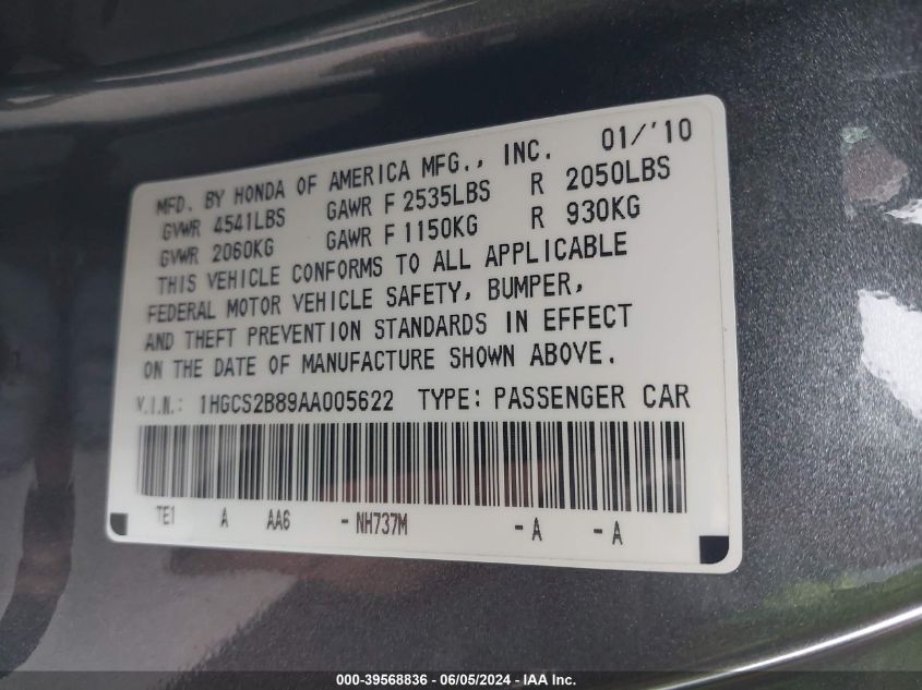 2010 Honda Accord 3.5 Ex-L VIN: 1HGCS2B89AA005622 Lot: 39568836