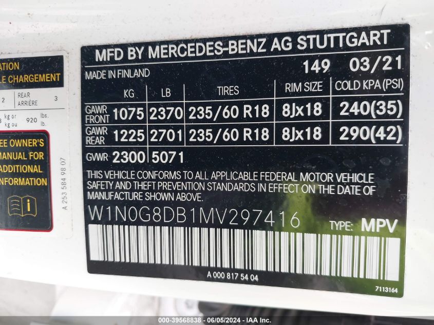 2021 Mercedes-Benz Glc 300 Suv VIN: W1N0G8DB1MV297416 Lot: 39568838