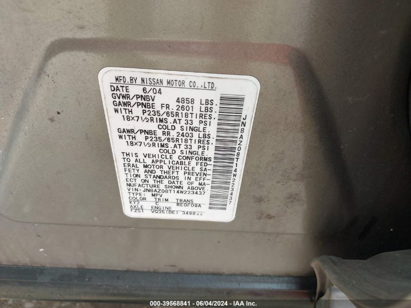 2004 Nissan Murano Sl VIN: JN8AZ08T14W223437 Lot: 39568841