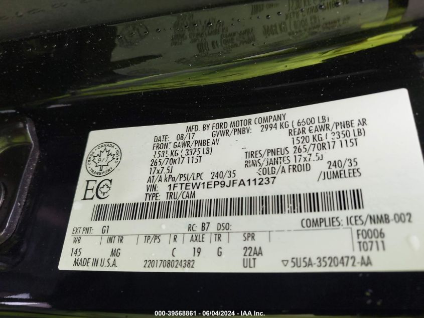 2018 Ford F-150 Xlt VIN: 1FTEW1EP9JFA11237 Lot: 39568861