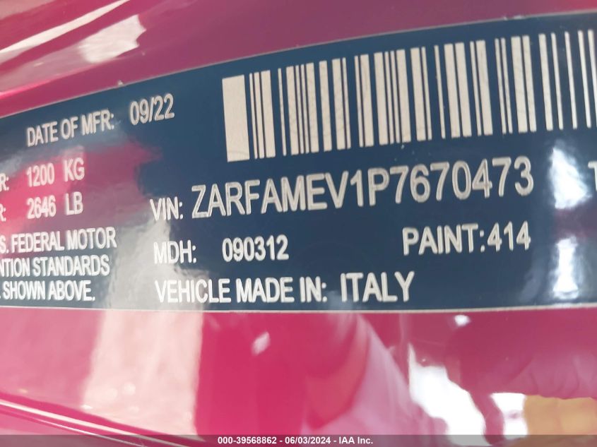 2023 Alfa Romeo Giulia Quadrifoglio Rwd VIN: ZARFAMEV1P7670473 Lot: 39568862