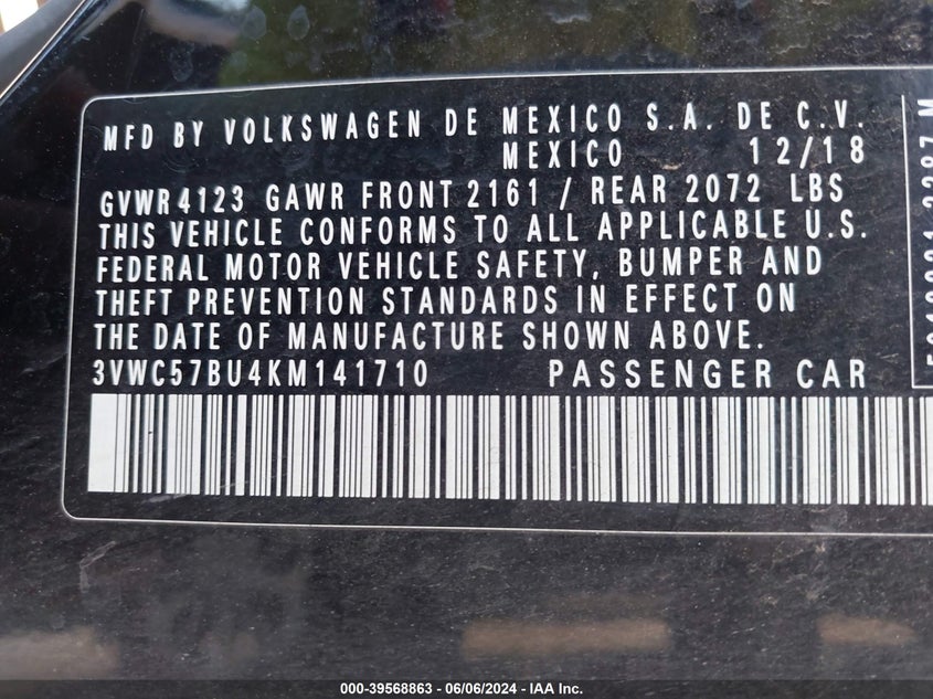 2019 Volkswagen Jetta 1.4T R-Line/1.4T S/1.4T Se VIN: 3VWC57BU4KM141710 Lot: 39568863