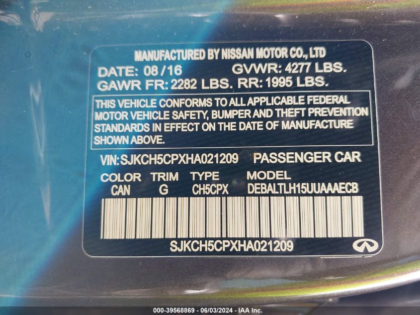 2017 Infiniti Qx30 Sport VIN: SJKCH5CPXHA021209 Lot: 39568869