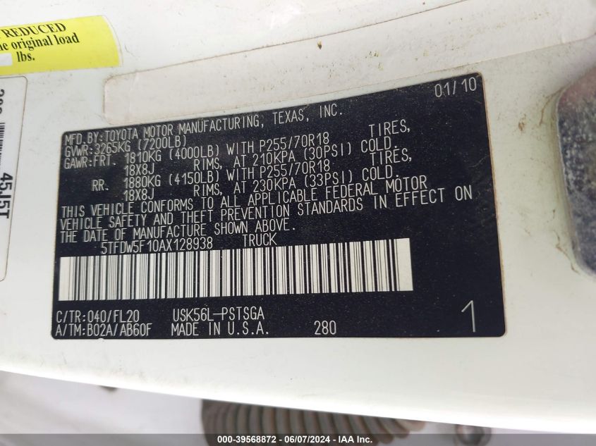 2010 Toyota Tundra Grade 5.7L V8 VIN: 5TFDW5F10AX128938 Lot: 39568872