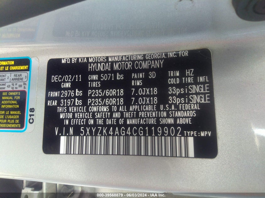 2012 Hyundai Santa Fe Limited V6 VIN: 5XYZK4AG4CG119902 Lot: 39568879