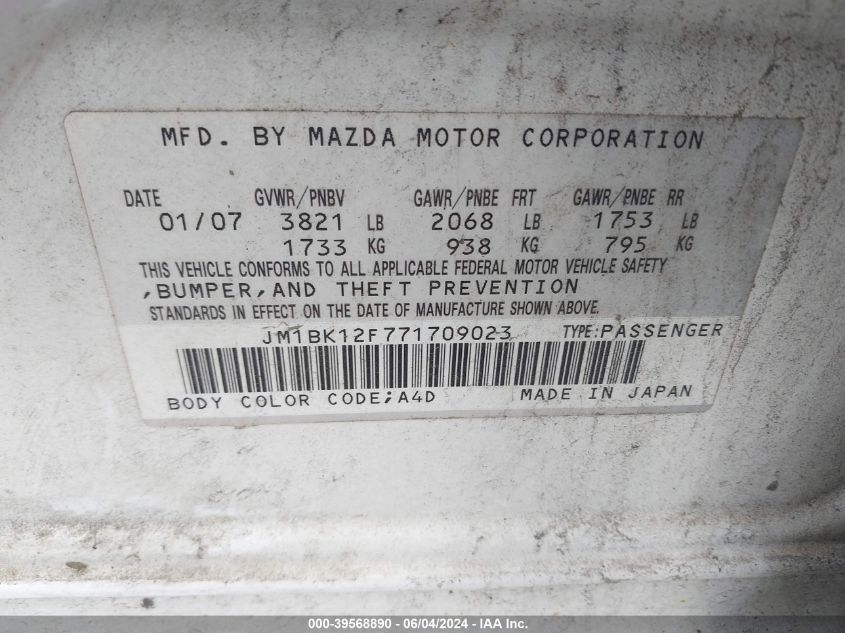2007 Mazda Mazda3 I VIN: JM1BK12F771709023 Lot: 39568890
