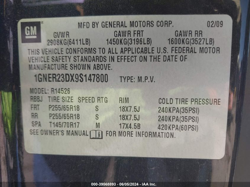 2009 Chevrolet Traverse Lt VIN: 1GNER23DX9S147800 Lot: 39568893
