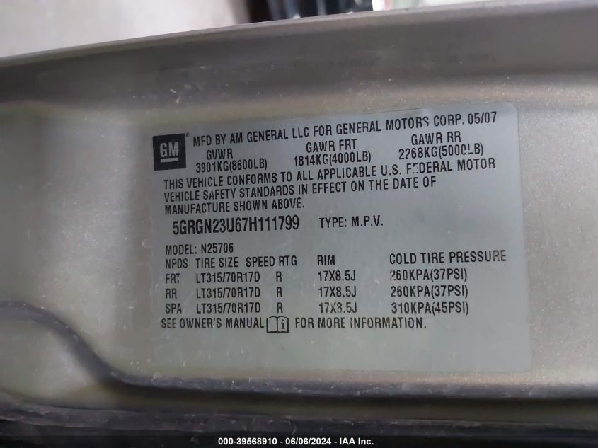 2007 Hummer H2 Suv VIN: 5GRGN23U67H111799 Lot: 39568910