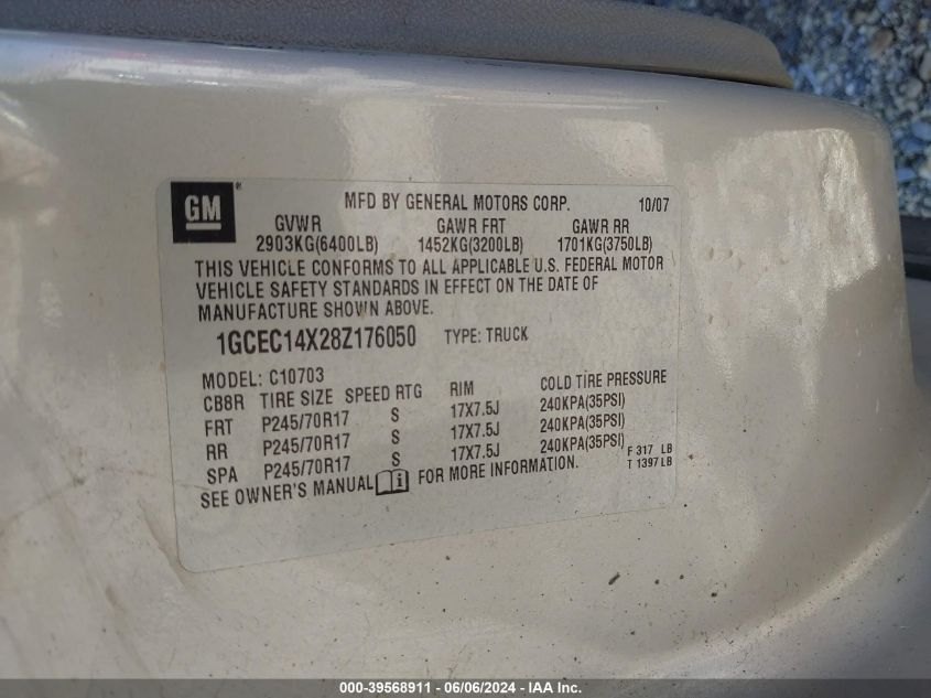 2008 Chevrolet Silverado 1500 Work Truck VIN: 1GCEC14X28Z176050 Lot: 39568911