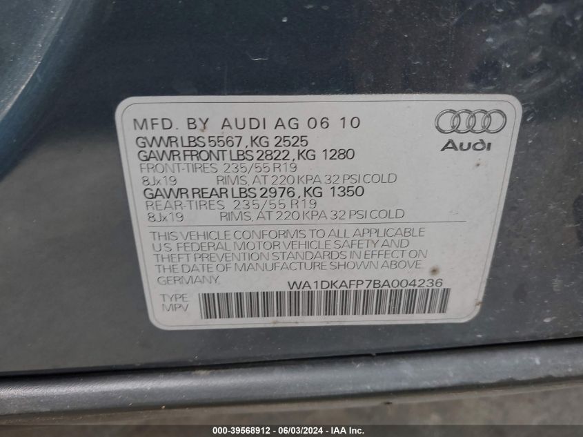 2011 Audi Q5 3.2 Premium Plus VIN: WA1DKAFP7BA004236 Lot: 39568912
