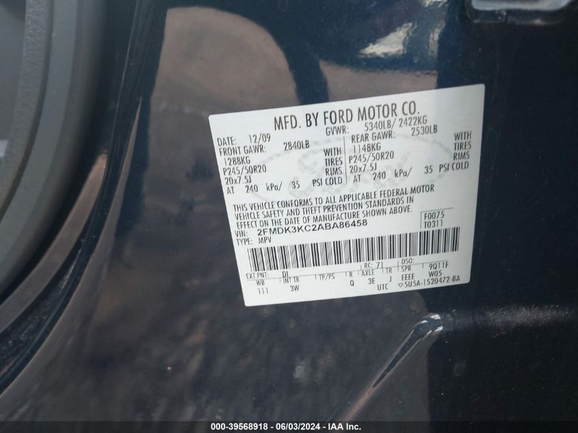 2010 Ford Edge Limited VIN: 2FMDK3KC2ABA86458 Lot: 39568918