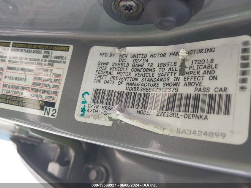 2004 Toyota Corolla Le VIN: 1NXBR38E64Z312379 Lot: 39568927