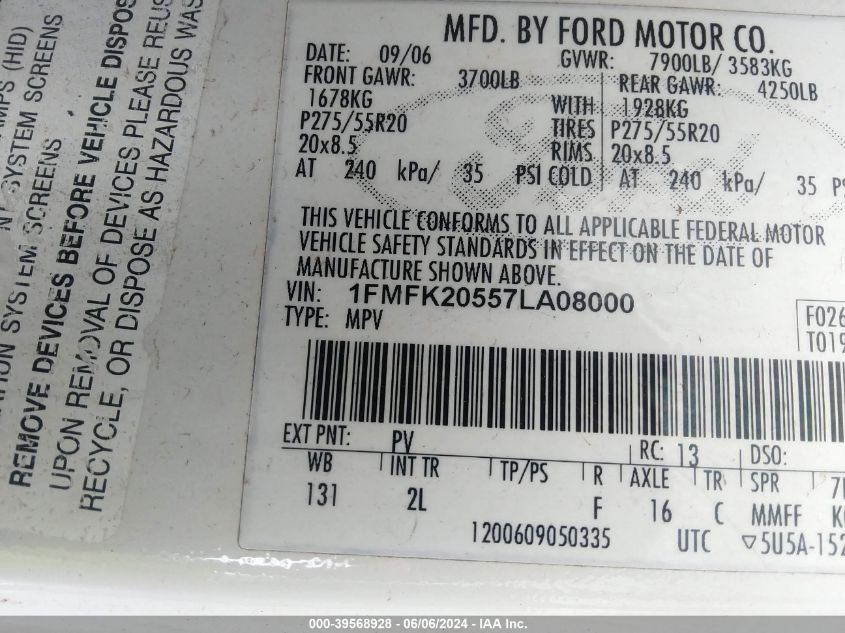 2007 Ford Expedition El Limited VIN: 1FMFK20557LA08000 Lot: 39568928