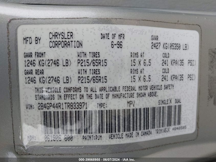 1996 Dodge Grand Caravan Se VIN: 2B4GP44R1TR833971 Lot: 39568955