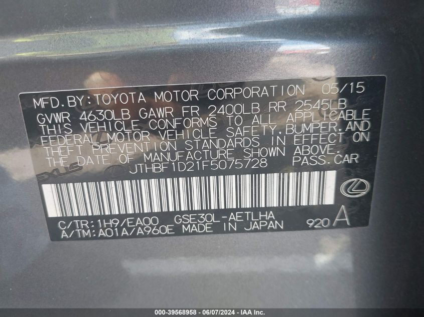 2015 Lexus Is 250 VIN: JTHBF1D21F5075728 Lot: 39568958