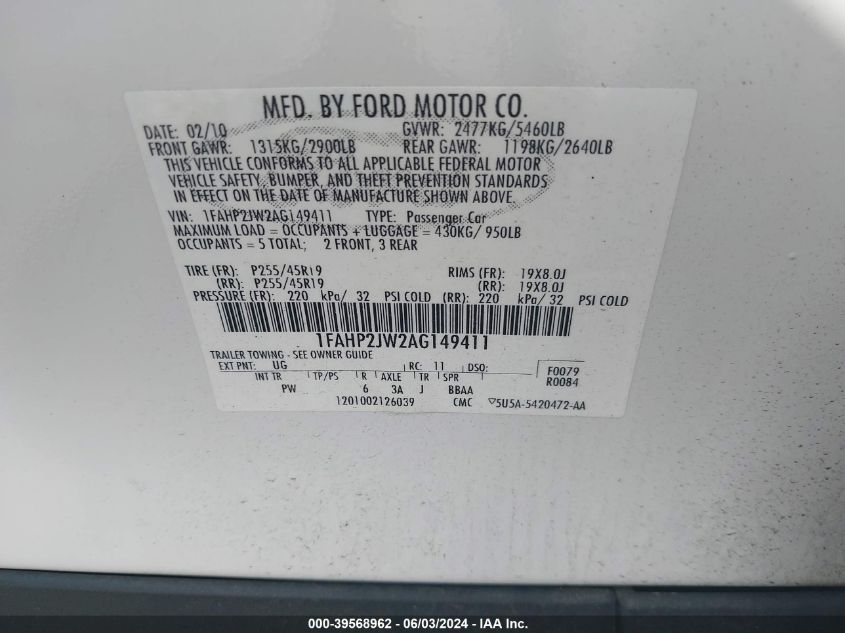 2010 Ford Taurus Limited VIN: 1FAHP2JW2AG149411 Lot: 39568962