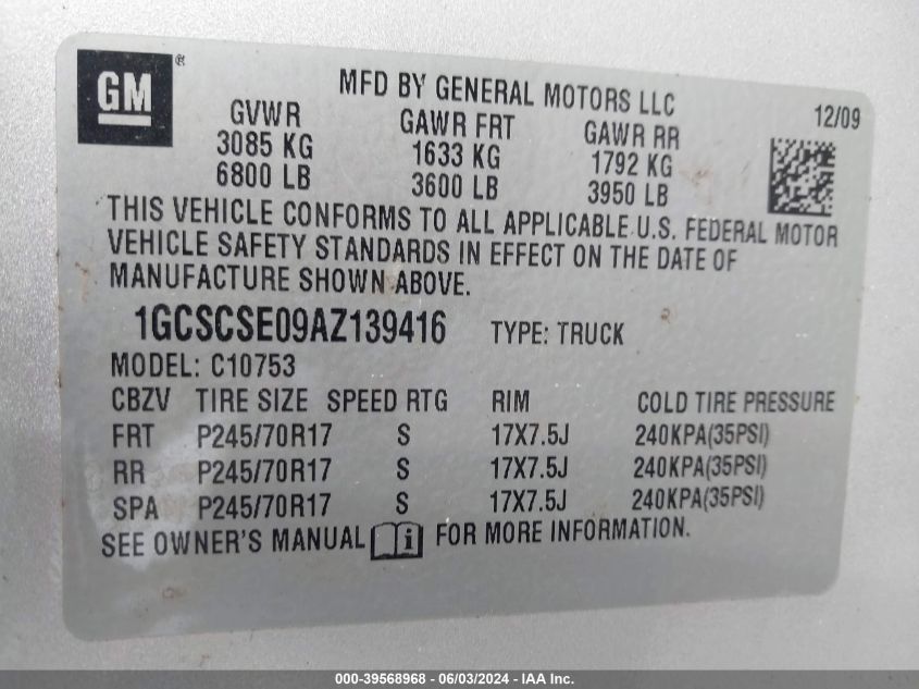 2010 Chevrolet Silverado 1500 Lt VIN: 1GCSCSE09AZ139416 Lot: 39568968