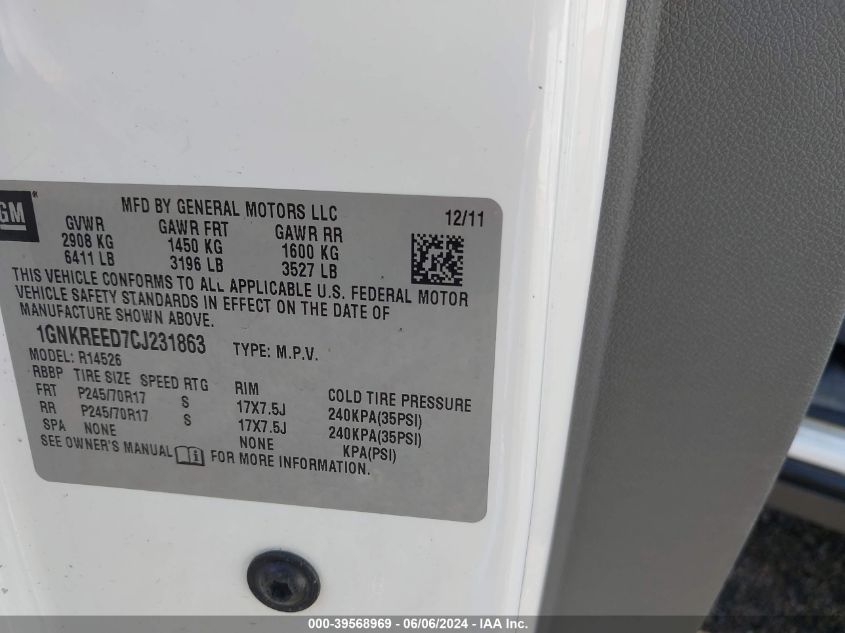 2012 Chevrolet Traverse Ls VIN: 1GNKREED7CJ231863 Lot: 39568969