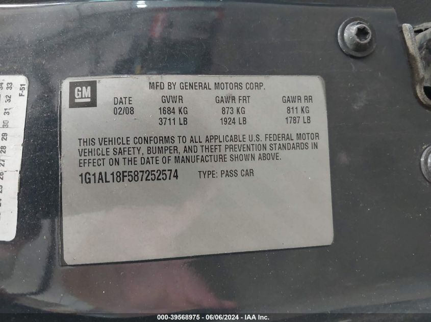 2008 Chevrolet Cobalt Lt VIN: 1G1AL18F587252574 Lot: 39568975