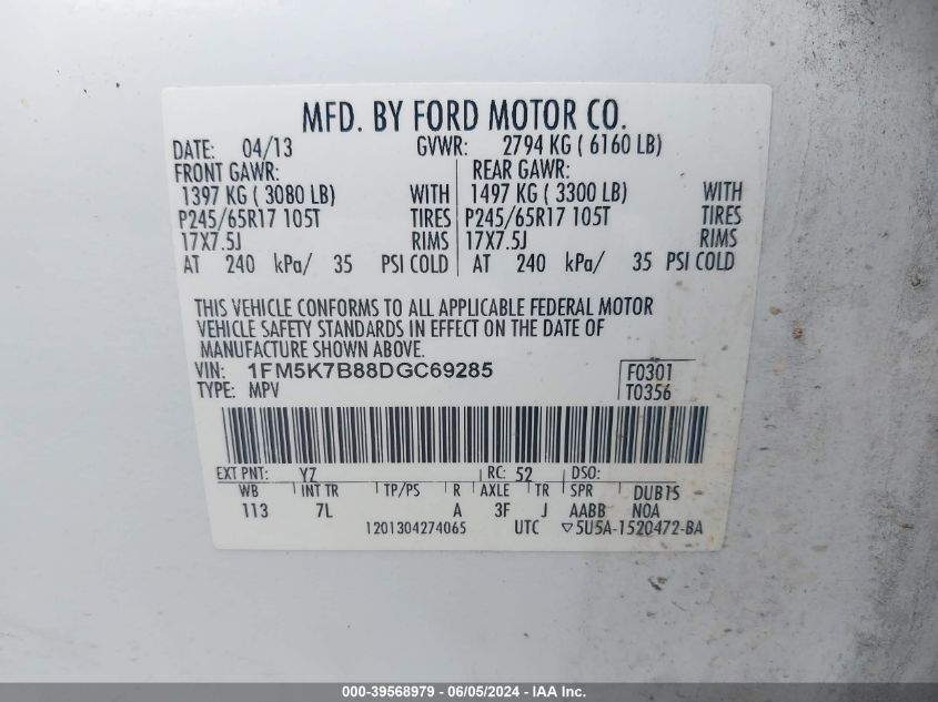 2013 Ford Explorer VIN: 1FM5K7B88DGC69285 Lot: 39568979