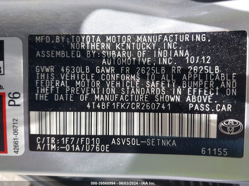 2012 Toyota Camry Le VIN: 4T4BF1FK7CR260741 Lot: 39568994