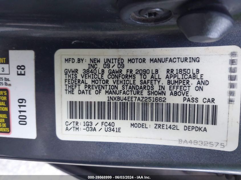 2010 Toyota Corolla Le VIN: 1NXBU4EE7AZ251662 Lot: 39568999