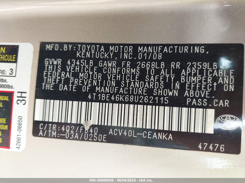 2008 Toyota Camry Le VIN: 4T1BE46K68U262115 Lot: 39569008