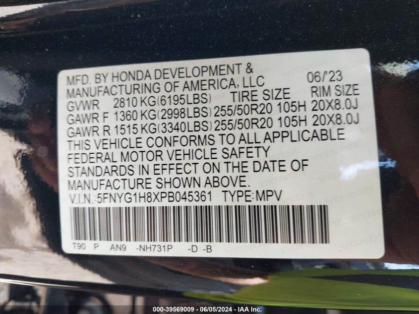 2023 Honda Pilot Awd Elite VIN: 5FNYG1H8XPB045361 Lot: 39569009