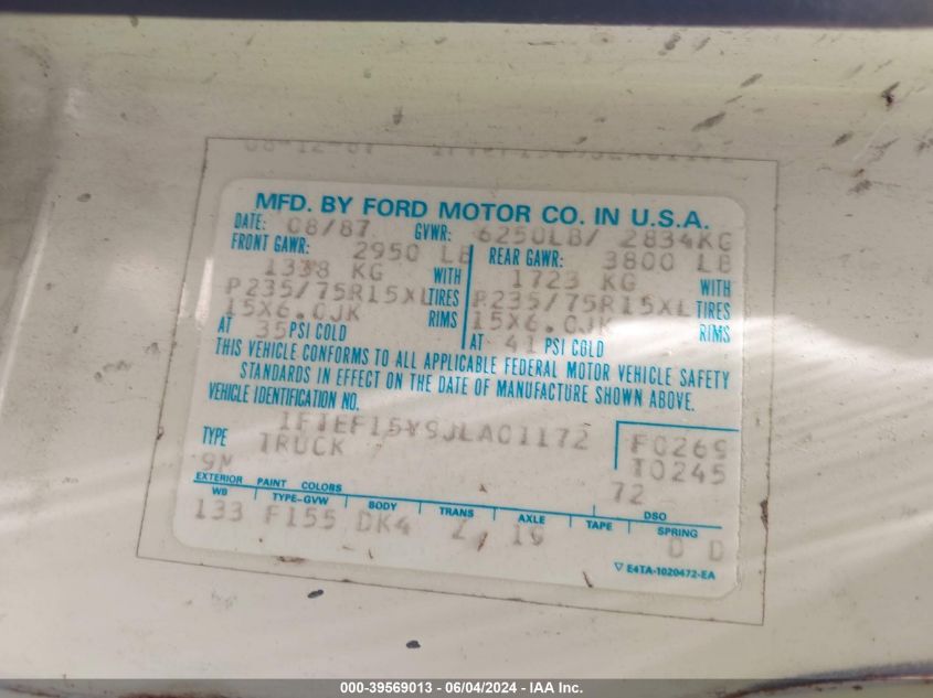 1988 Ford F150 VIN: 1FTEF15Y9JLA01172 Lot: 39569013