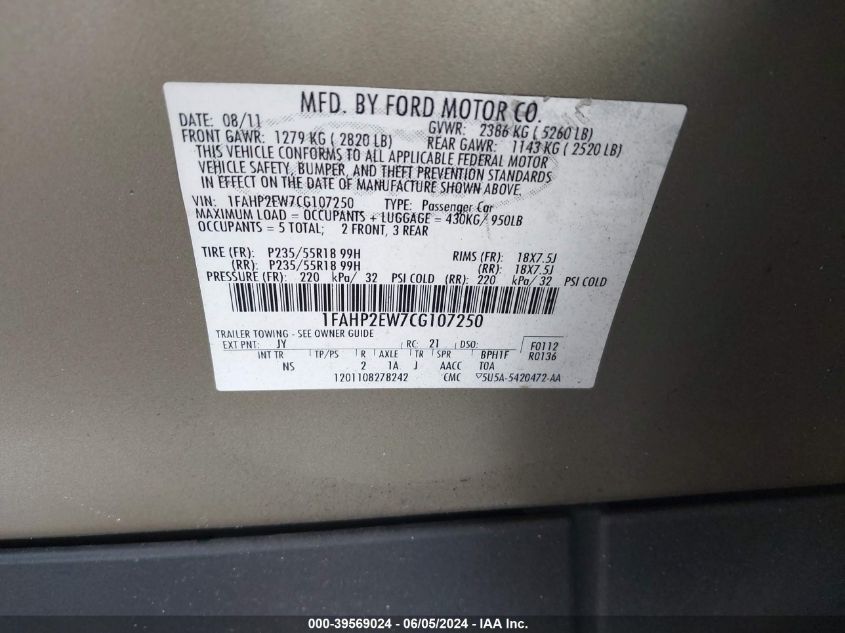 2012 Ford Taurus Sel VIN: 1FAHP2EW7CG107250 Lot: 39569024