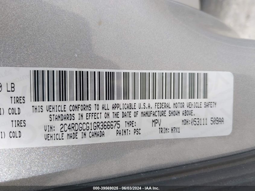 2016 Dodge Grand Caravan Sxt VIN: 2C4RDGCG1GR366675 Lot: 39569025