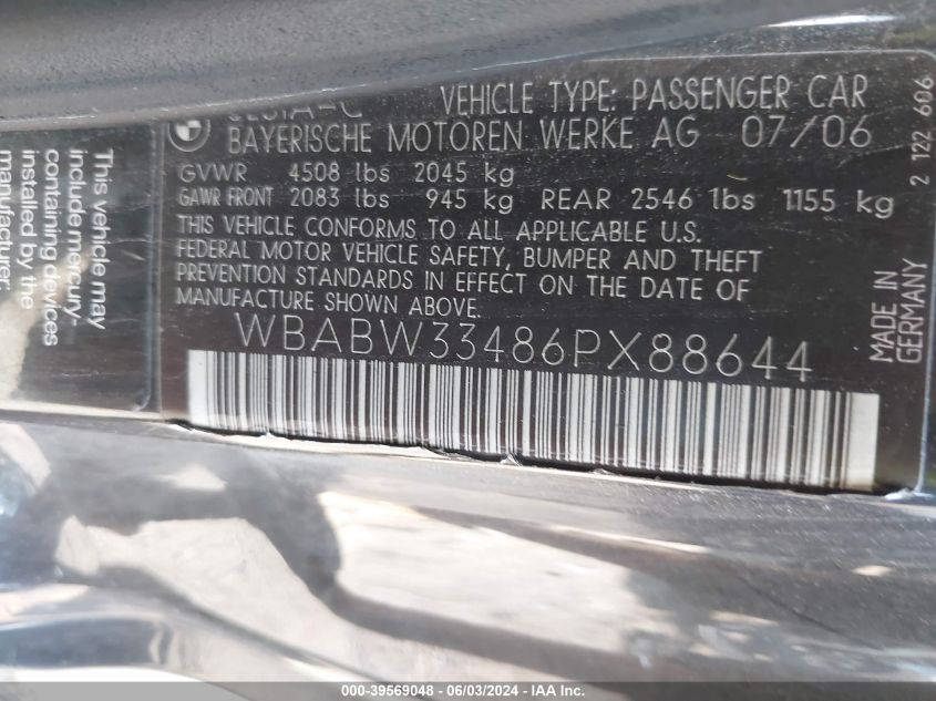 2006 BMW 325Ci VIN: WBABW33486PX88644 Lot: 39569048
