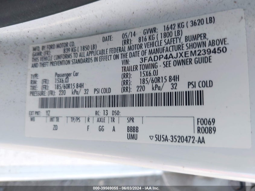 2014 FORD FIESTA S - 3FADP4AJXEM239450