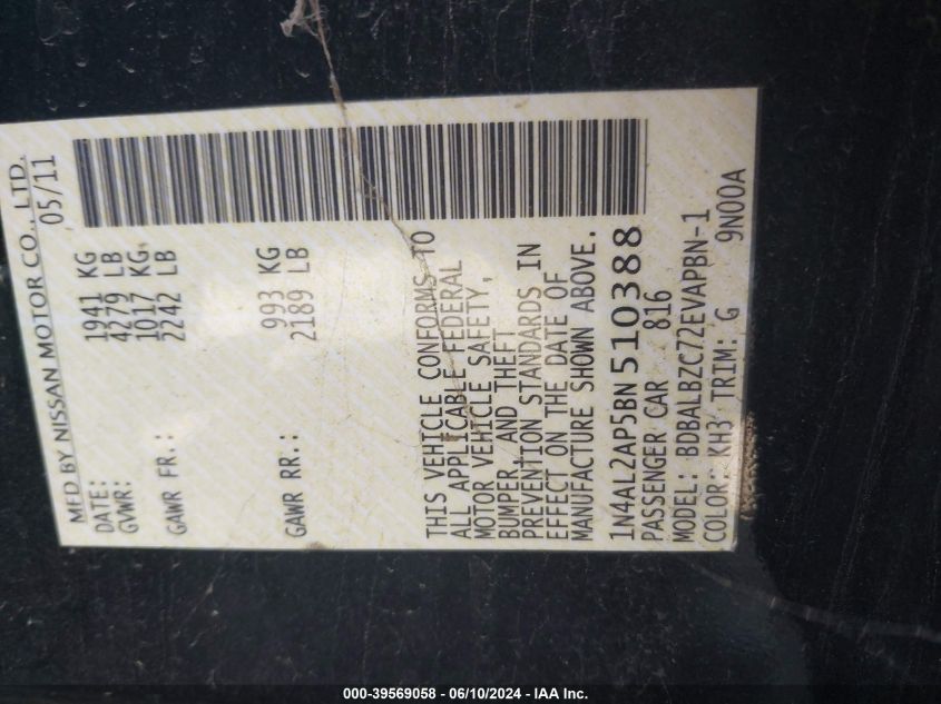 2011 Nissan Altima 2.5 S VIN: 1N4AL2AP5BN510388 Lot: 39569058