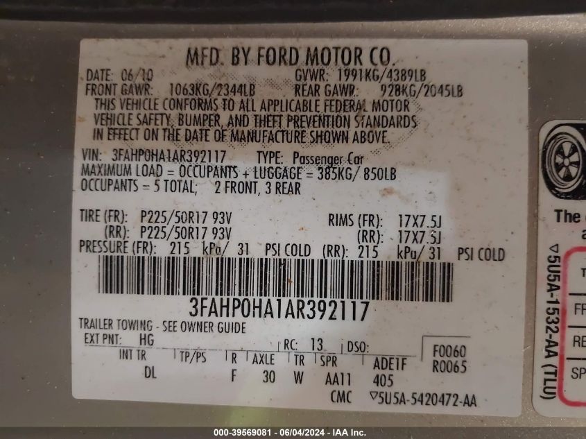 2010 Ford Fusion Se VIN: 3FAHP0HA1AR392117 Lot: 39569081