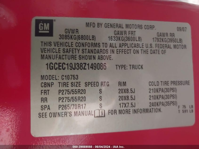 2008 Chevrolet Silverado 1500 Lt1 VIN: 1GCEC19J38Z149086 Lot: 39569088