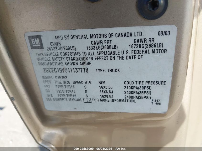 2004 Chevrolet Silverado 1500 Ls VIN: 2GCEC19V841137778 Lot: 39569099