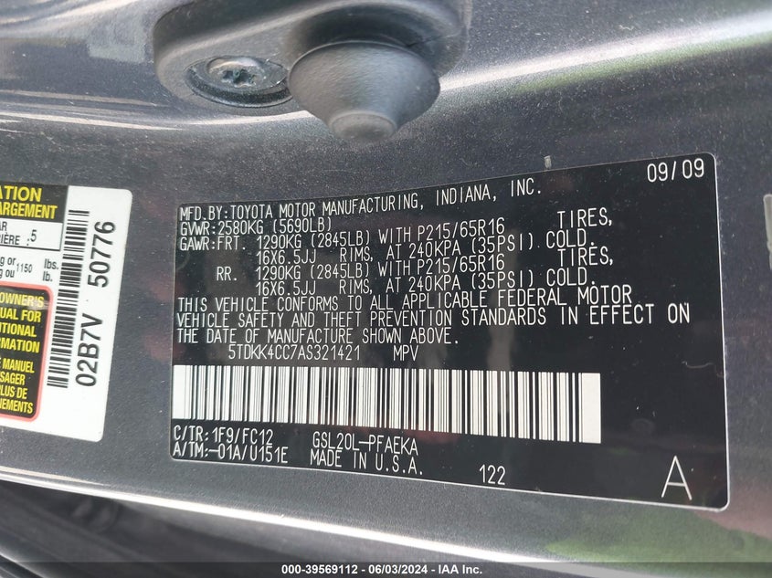 2010 Toyota Sienna Le VIN: 5TDKK4CC7AS321421 Lot: 39569112