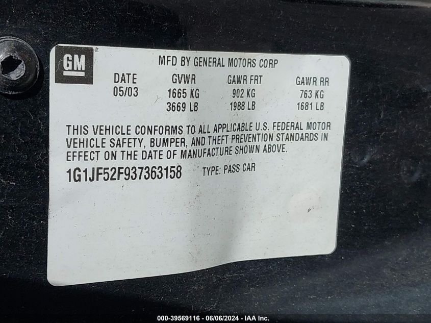 2003 Chevrolet Cavalier Ls VIN: 1G1JF52F937363158 Lot: 39569116