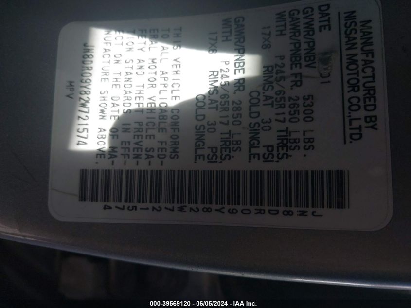 2002 Nissan Pathfinder Le/Se VIN: JN8DR09Y82W721574 Lot: 39569120