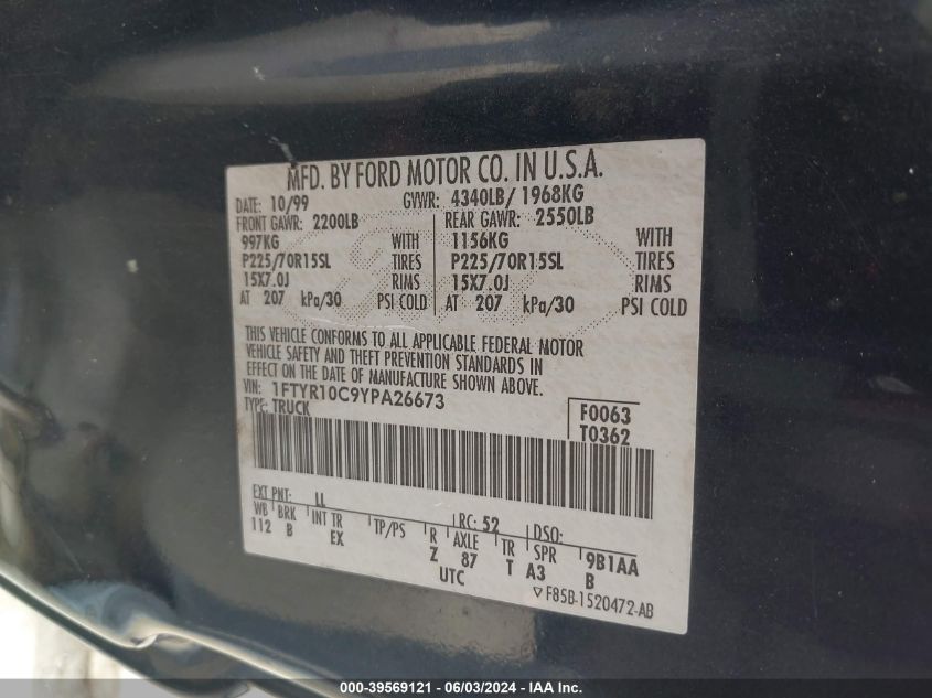 2000 Ford Ranger Xl/Xlt VIN: 1FTYR10C9YPA26673 Lot: 39569121