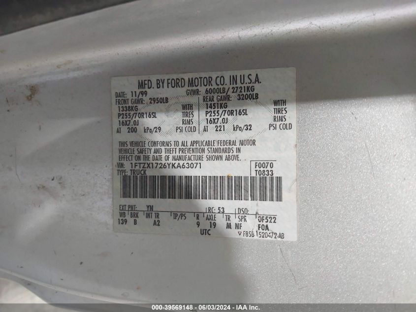2000 Ford F-150 Work Series/Xl/Xlt VIN: 1FTZX1726YKA63071 Lot: 39569148